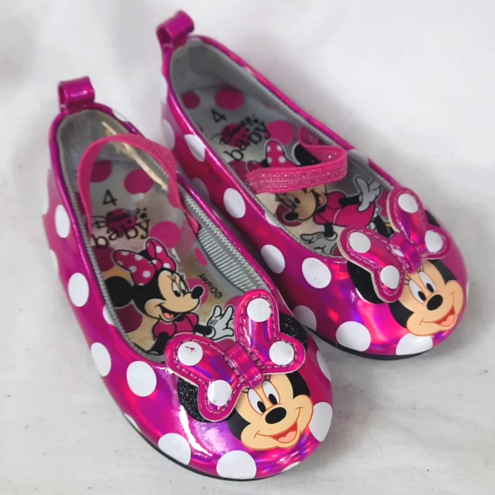 Disney Baby Minnie Mouse Shoes Toddler Size 4 Pink White Polka Dot Metallic